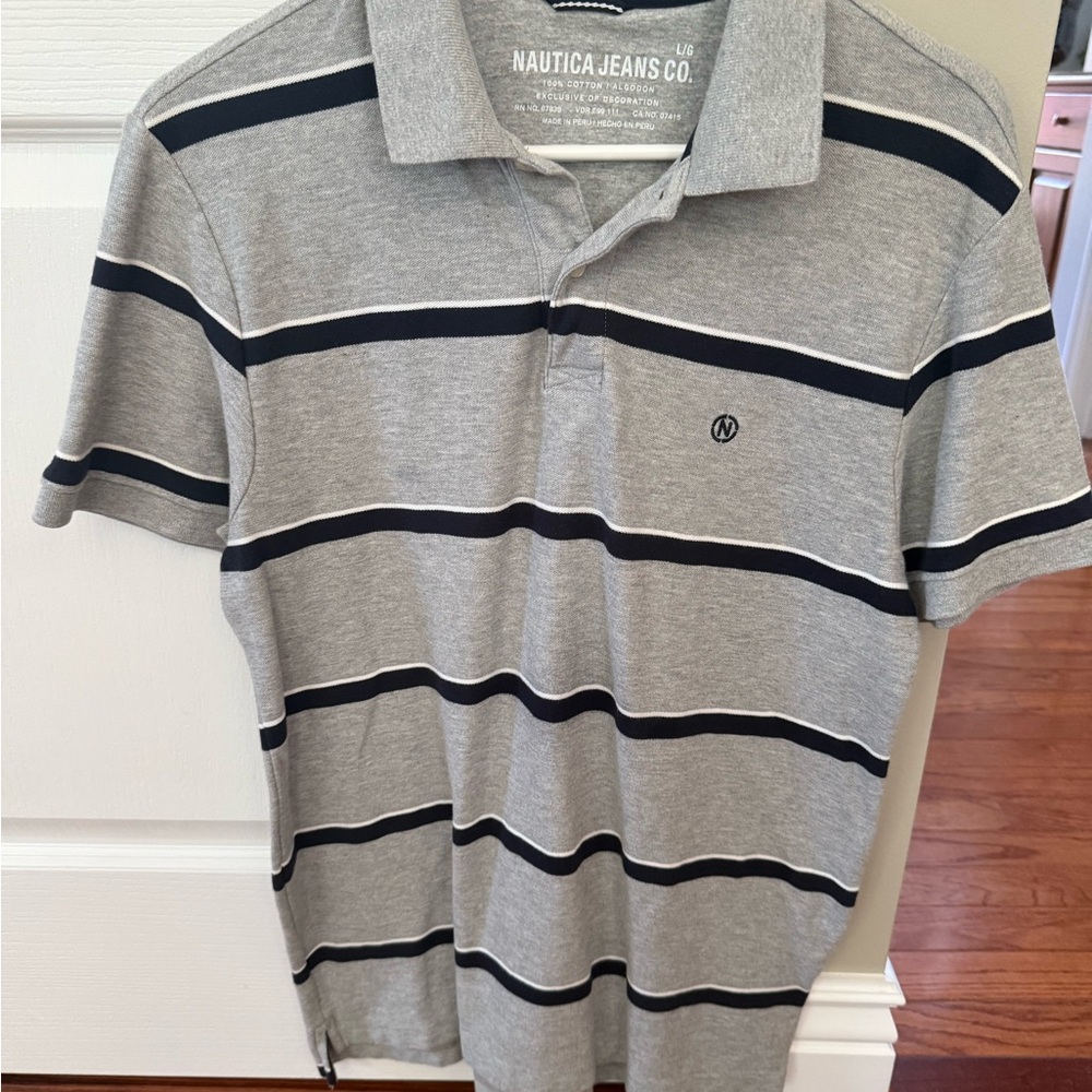 Nautica Gray and Black Polo Shirt Classic Striped Design